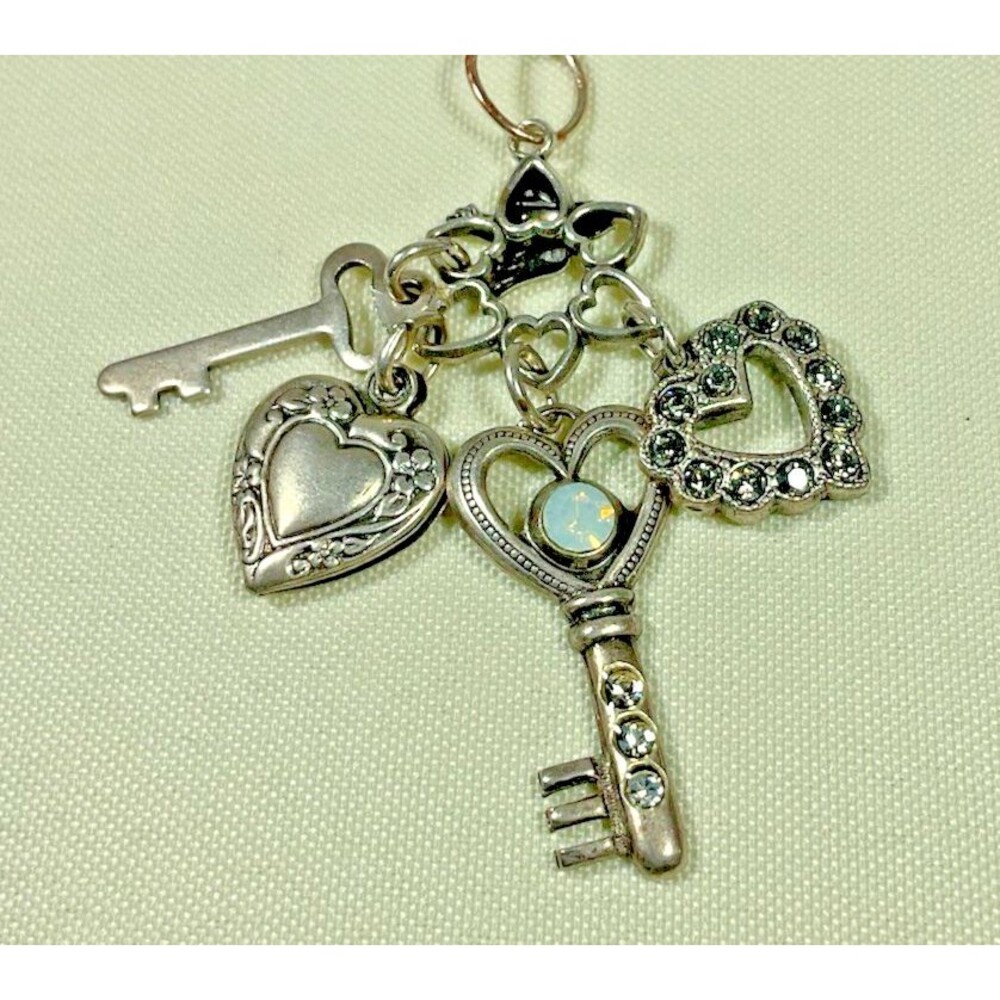 Charm Necklace Silver Tone Keys & Hearts Charms 21" Unique Artsy Boho Classic